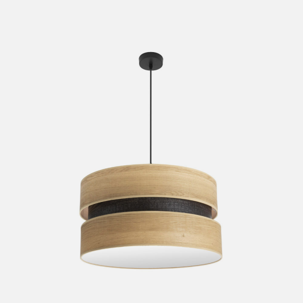 Colgante Colet 2xE27 en negro y madera clara de 50 cm de Abrila, lámpara moderna de iluminación interior con luz difusa para decoración doméstica, diseño en metal y textil.