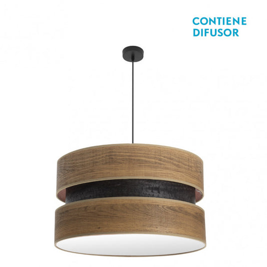 Lámpara colgante Colet de Abrila, modelo 3xE27 en negro y madera oscura de 60 cm, diseño moderno de metal y textil para iluminación interior doméstica.