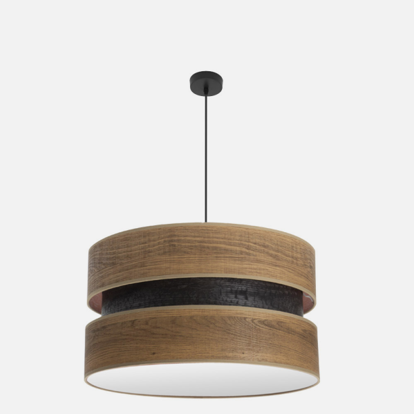 Lámpara colgante Colet 3xE27 en negro y madera oscura de 60cm, diseño moderno de Abrila para iluminación interior y decoración doméstica en metal y textil.