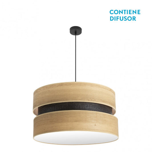 Colgante Colet 3xE27 de Abrila en negro y madera clara, lámpara colgante moderna de 60cm para iluminación interior doméstica, diseño en metal y textil con estilo contemporáneo.