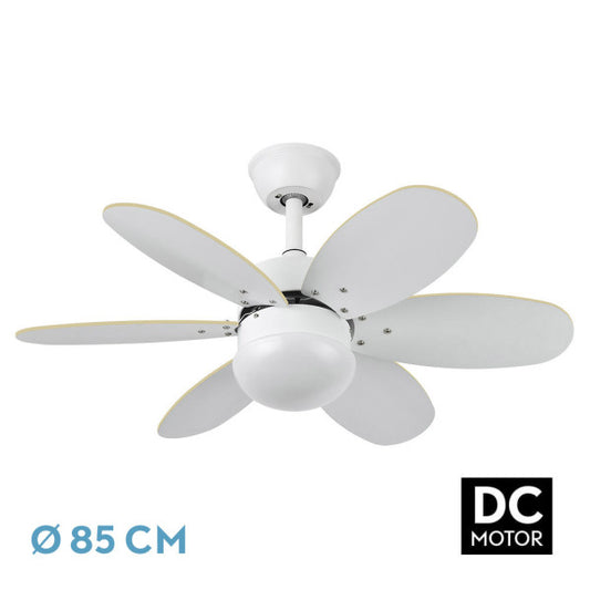 Ventilador de techo DC Alves blanco con 6 aspas reversibles en haya, modelo Abrila 175791601, motor eficiente con 6 velocidades, control remoto, temporizador y portalámparas E27 para uso doméstico interior