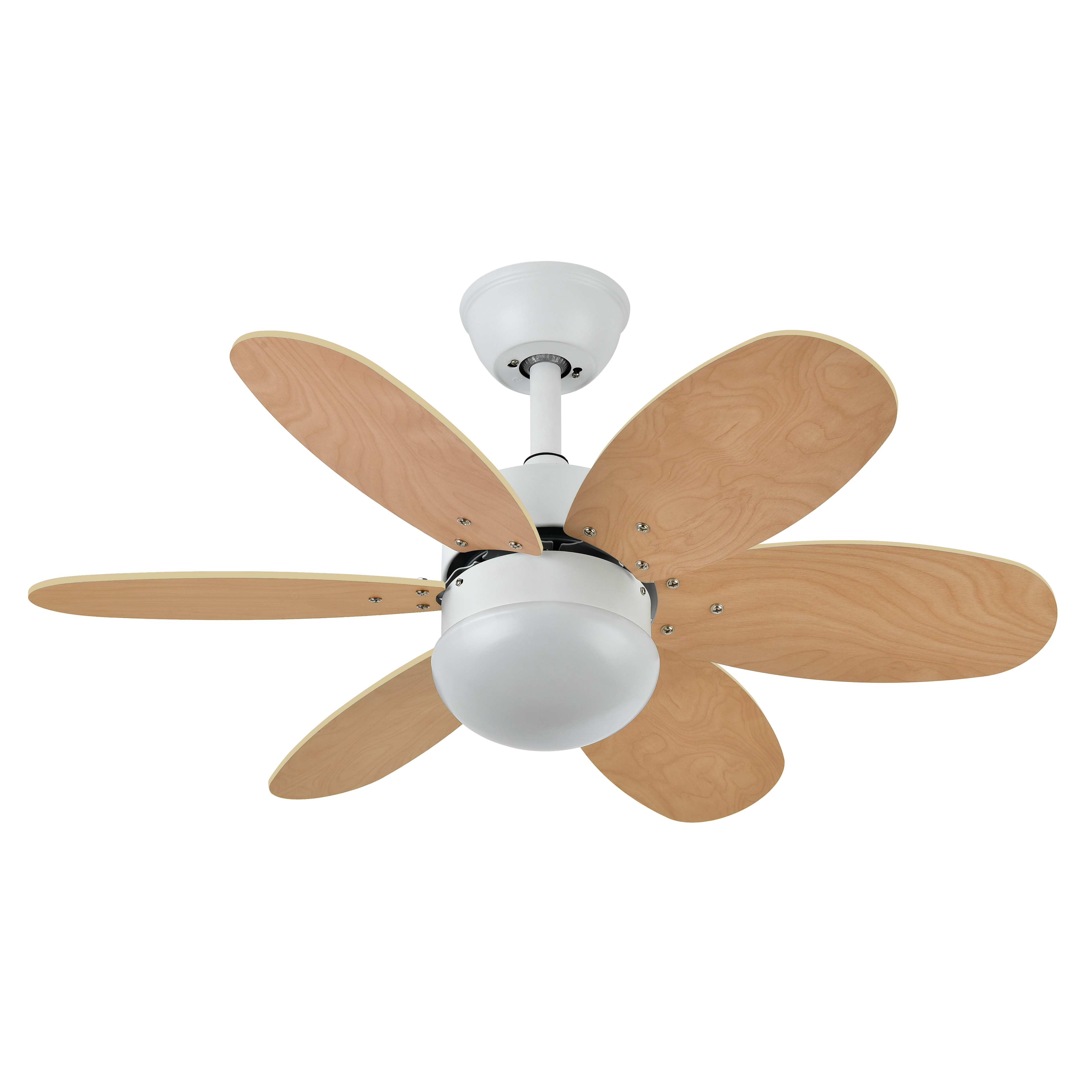 Ventilador de techo DC Alves blanco con 6 aspas reversibles, modelo Abrila 175791601, motor eficiente, 6 velocidades, control remoto, temporizador y bombilla E27, ideal para interiores domésticos en acabado haya.