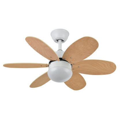 Ventilador de techo DC Alves blanco con 6 aspas reversibles, modelo Abrila 175791601, motor eficiente, 6 velocidades, control remoto, temporizador y bombilla E27, ideal para interiores domésticos en acabado haya.