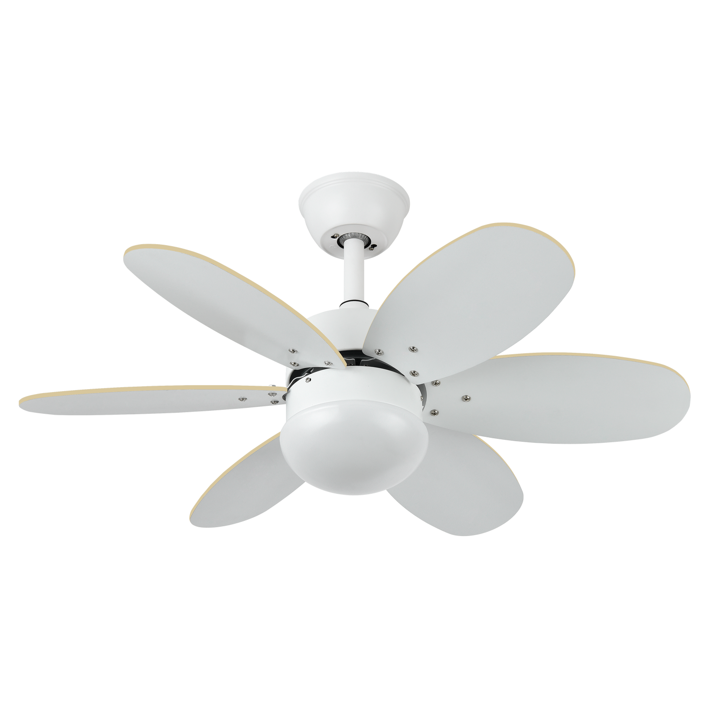 Ventilador de techo DC Alves Blanco con 6 aspas reversibles, modelo 175791601 de Abrila, motor eficiente con 6 velocidades, control remoto, temporizador y luz E27, ideal para interiores domésticos en acabado blanco haya.