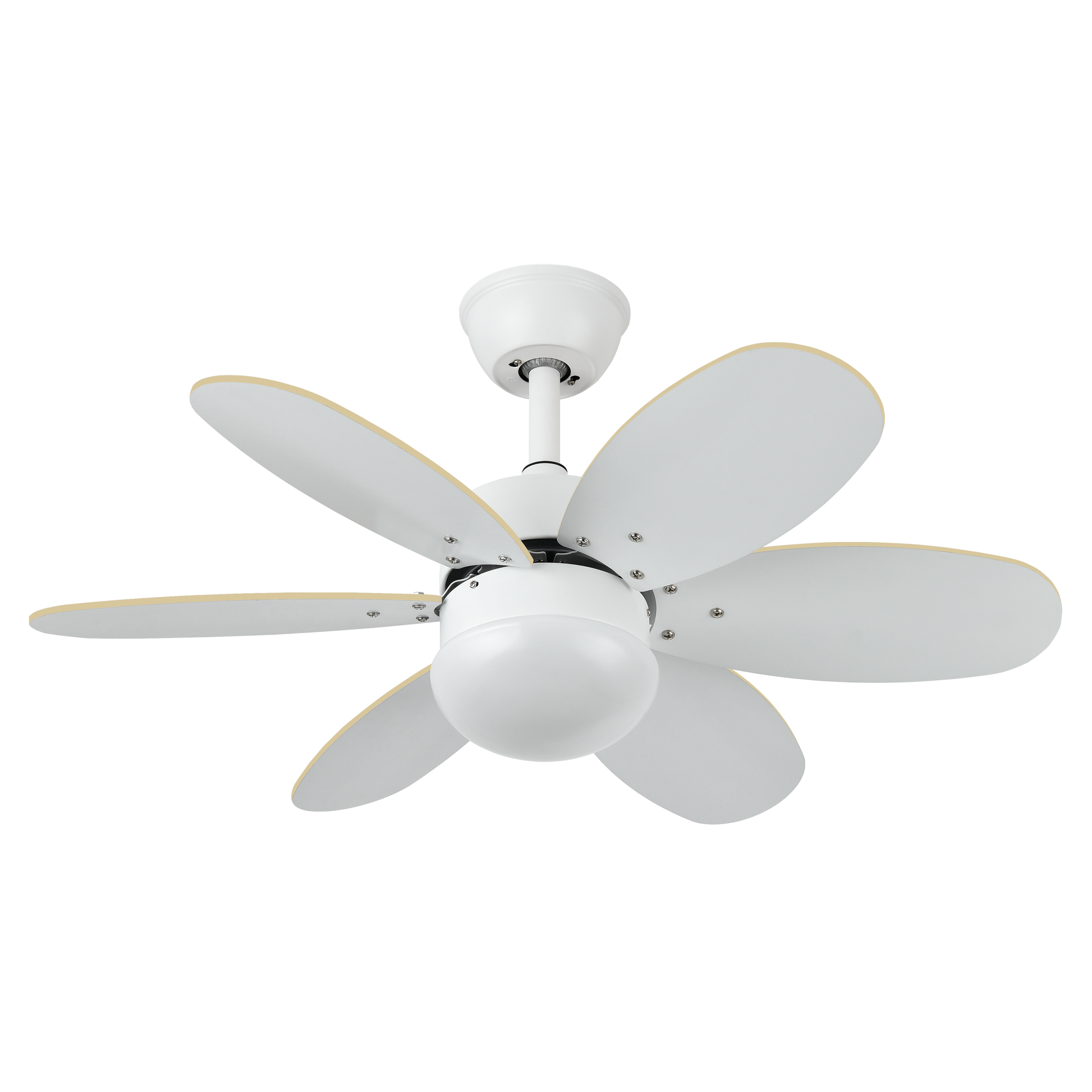 Ventilador de techo DC Alves Blanco con 6 aspas reversibles, modelo 175791601 de Abrila, motor eficiente con 6 velocidades, control remoto, temporizador y luz E27, ideal para interiores domésticos en acabado blanco haya.