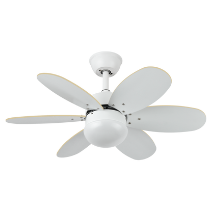 Ventilador de techo DC Alves Blanco con 6 aspas reversibles, modelo 175791601 de Abrila, motor eficiente con 6 velocidades, control remoto, temporizador y luz E27, ideal para interiores domésticos en acabado blanco haya.