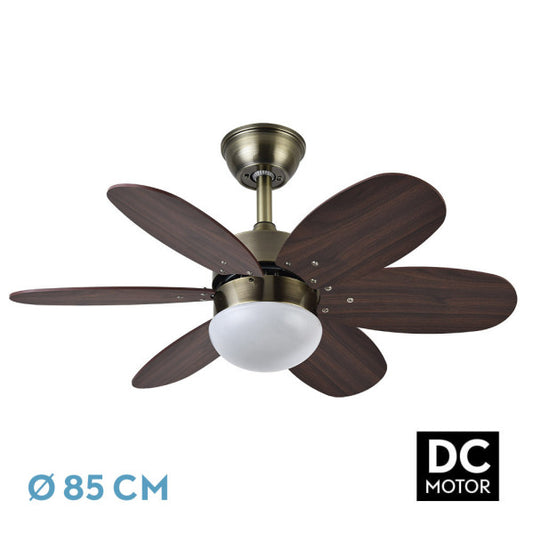 Ventilador de techo Alves DC con acabado en cuero cerezo/nogal, modelo Abrila 175791636, motor DC eficiente, aspas reversibles, control remoto incluido, temporizador y diseño interior premium para ventilación óptima.
