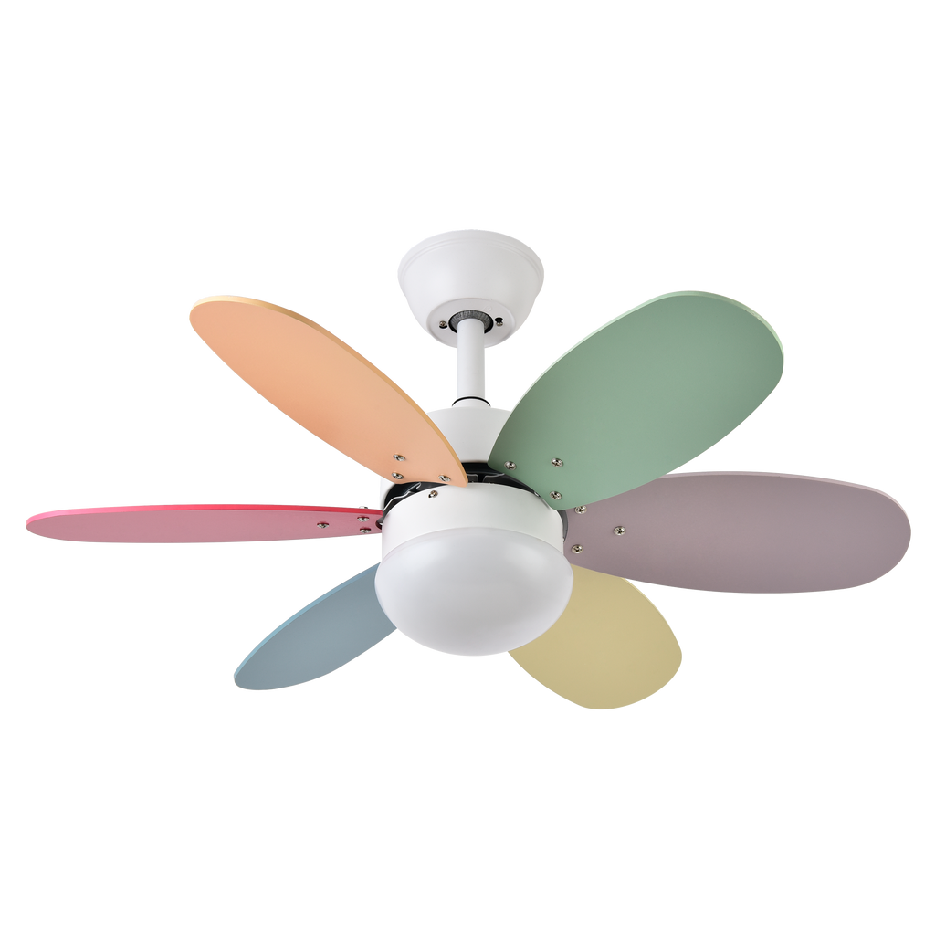 Ventilador de techo Alves DC blanco con 6 aspas reversibles, motor DC eficiente y control remoto incluido, modelo Abrila AI2 para interior doméstico, fabricado en metal, MDF y policarbonato, referencia 175791637