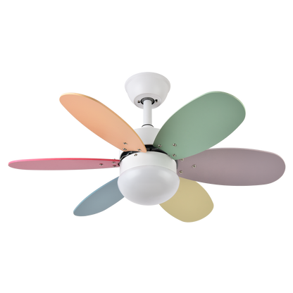 Ventilador de techo Alves DC blanco con 6 aspas reversibles, motor DC eficiente y control remoto incluido, modelo Abrila AI2 para interior doméstico, fabricado en metal, MDF y policarbonato, referencia 175791637