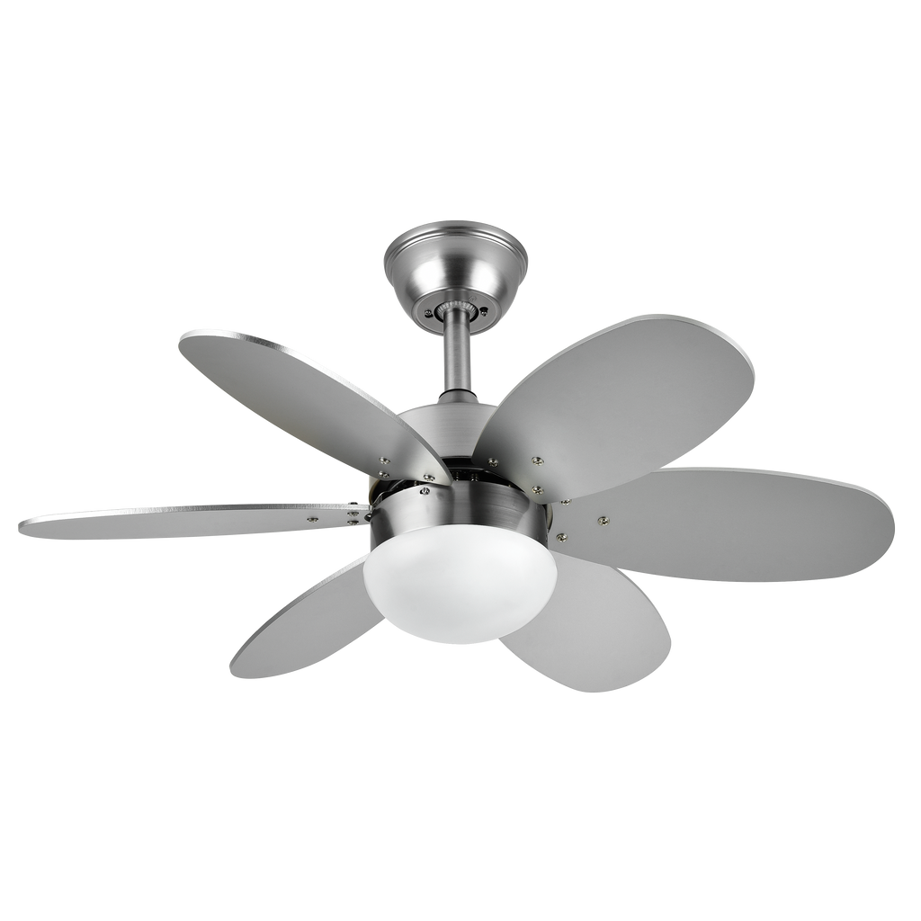 Ventilador de techo Alves DC en níquel con 6 aspas reversibles de haya, modelo Abrila AI2 para interior, acabado plata, motor DC eficiente, control remoto y temporizador, referencia 175791642