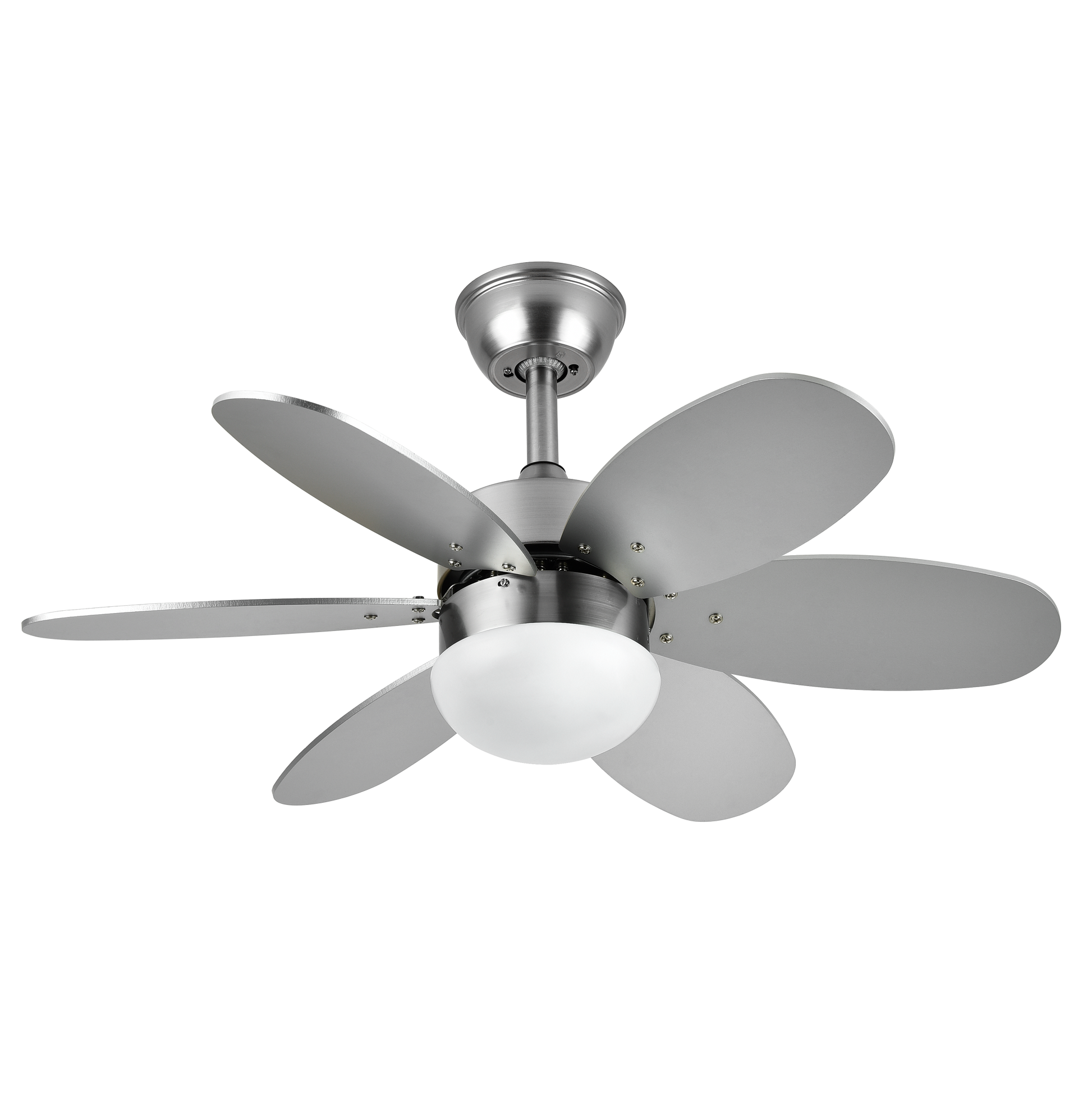 Ventilador de techo Alves DC en níquel con 6 aspas reversibles de haya, modelo Abrila AI2 para interior, acabado plata, motor DC eficiente, control remoto y temporizador, referencia 175791642