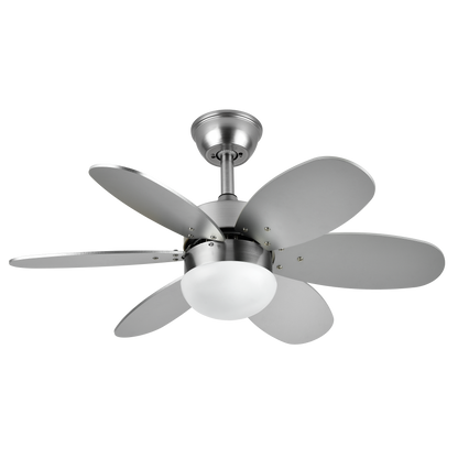 Ventilador de techo Alves DC en níquel con 6 aspas reversibles de haya, modelo Abrila AI2 para interior, acabado plata, motor DC eficiente, control remoto y temporizador, referencia 175791642