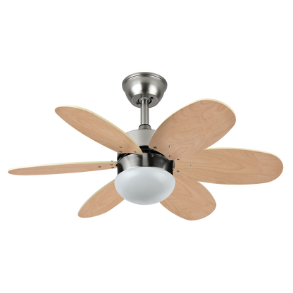 Ventilador de techo Alves DC en níquel con 6 aspas reversibles de haya, control remoto, temporizador y motor eficiente, modelo Abrila AI2 para interiores en plata, referencia 175791642