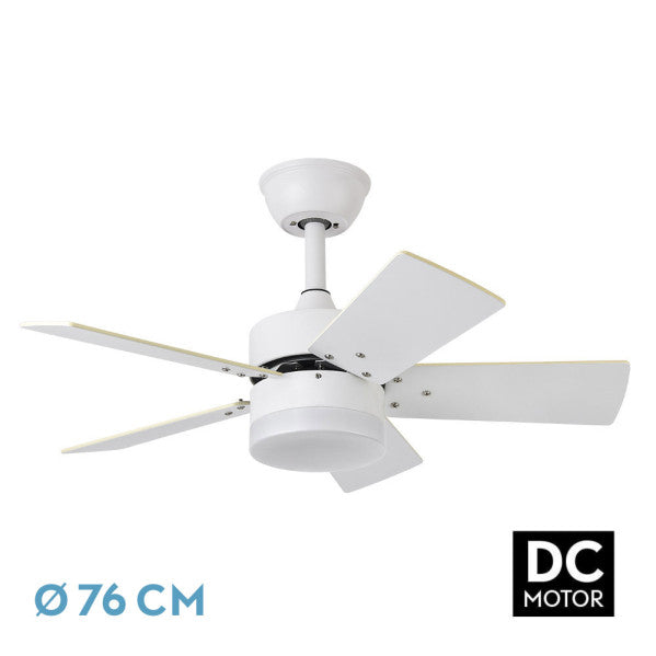 Ventilador de techo DC Marta 36W en blanco de Abrila, modelo 175891501 con luz LED integrada, aspas reversibles, control remoto y materiales de metal, MDF y policarbonato para interiores domésticos.