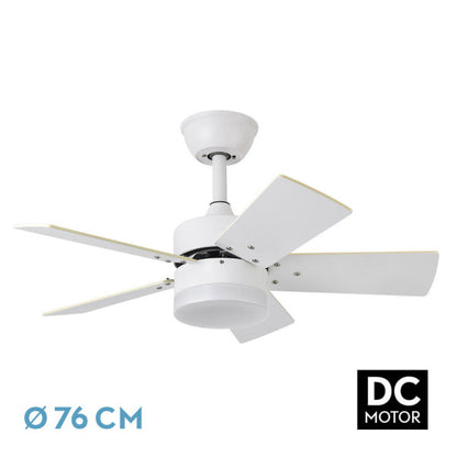 Ventilador de techo DC Marta 36W en blanco de Abrila, modelo 175891501 con luz LED integrada, aspas reversibles, control remoto y materiales de metal, MDF y policarbonato para interiores domésticos.