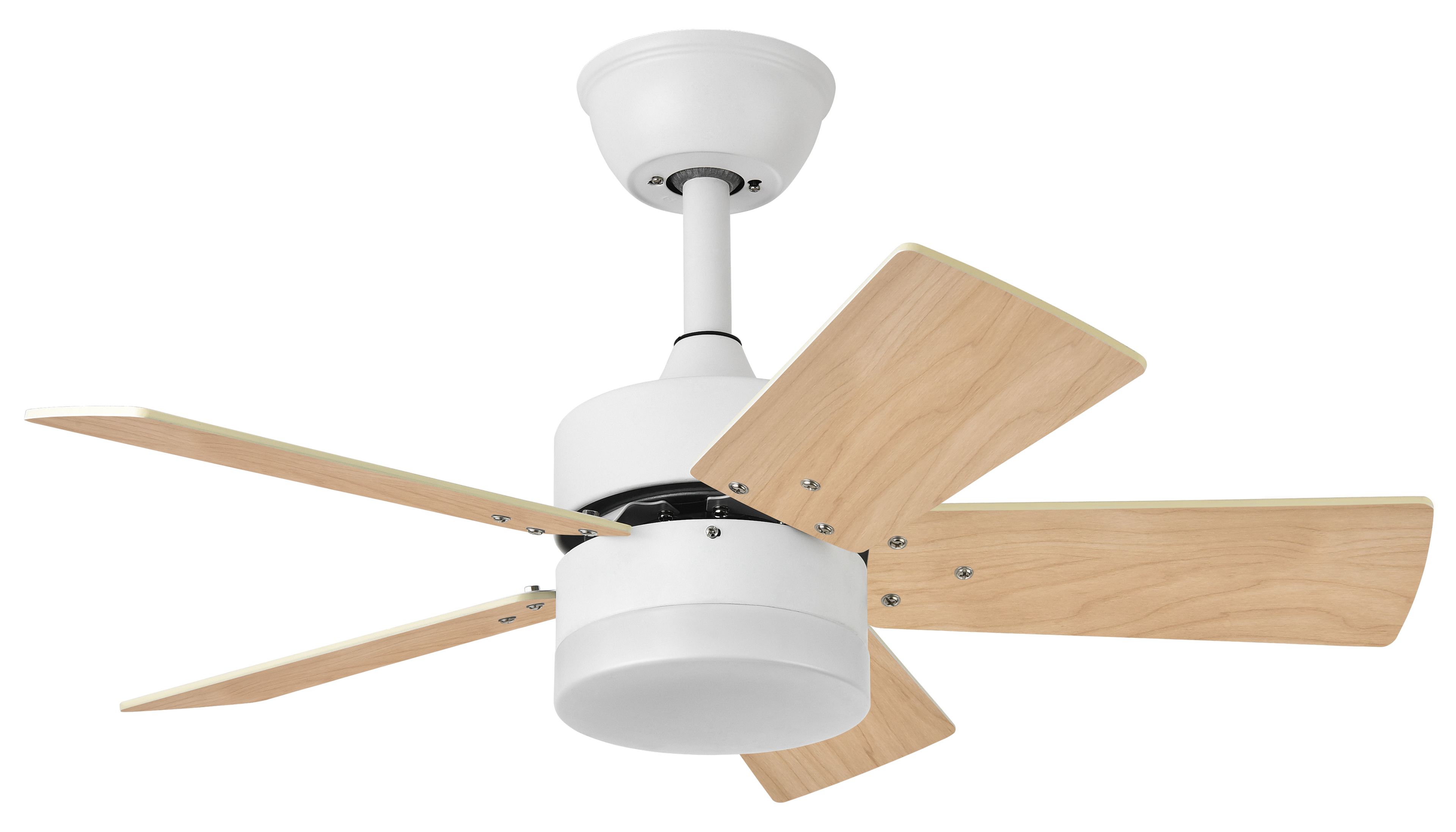 Ventilador de techo DC Marta 36W blanco de Abrila con luz LED integrada, aspas reversibles, control remoto y diseño en metal, MDF y policarbonato para interior doméstico (modelo 175891501)