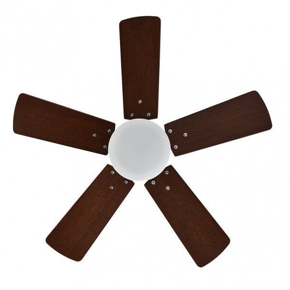 Ventilador de techo Marta 36W de Abrila con acabado en cuero, cerezo y nogal, aspas reversibles para verano e invierno, motor DC eficiente, LED integrado con iluminación versátil, control remoto incluido, ideal para uso doméstico interior.