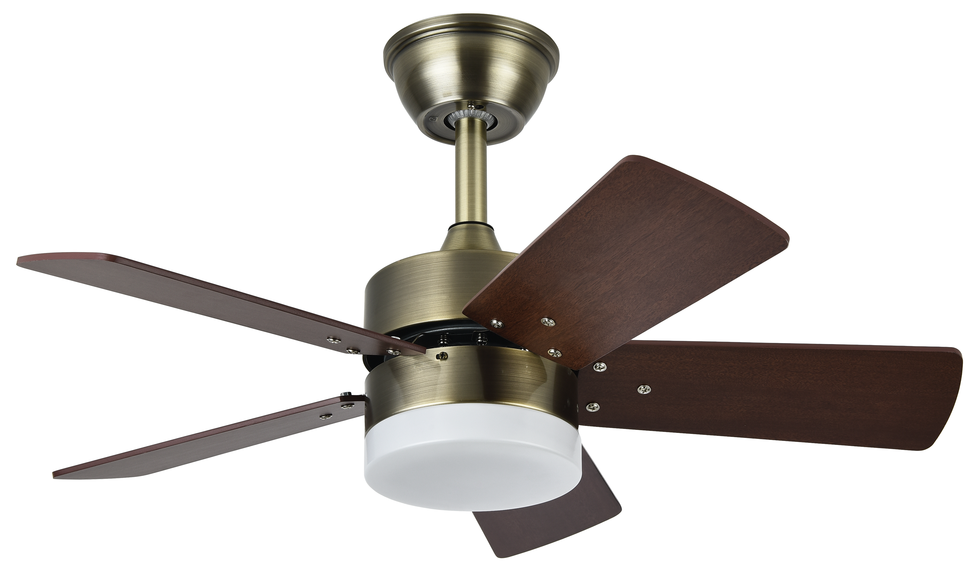 Ventilador de techo Marta 36W con acabado en cuero cerezo/nogal de Abrila, aspas reversibles para verano e invierno, motor DC eficiente, LED integrado con iluminación versátil y control remoto incluido, ideal para interiores domésticos.