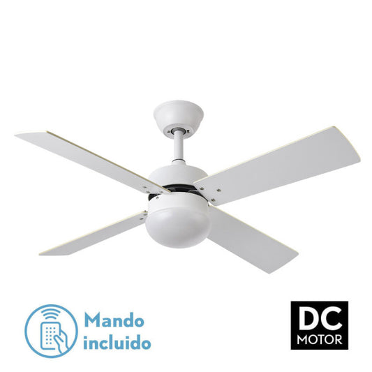 Ventilador de techo Sofia blanco con 4 aspas reversibles de Abrila (modelo 175992401), motor DC eficiente para ventilación en verano e invierno, mando a distancia incluido, diseño en haya para interior doméstico.