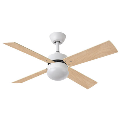 Ventilador de techo Sofia blanco con 4 aspas reversibles de Abrila, modelo 175992401, motor DC eficiente para ventilación verano e invierno, ideal para interior doméstico en madera de haya, incluye mando a distancia.