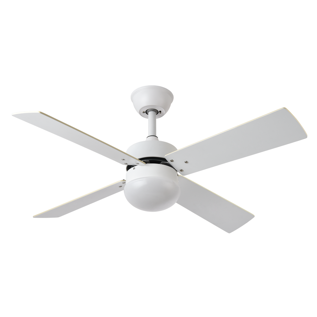 Ventilador de techo Sofia blanco con 4 aspas reversibles, modelo Abrila 175992401, ideal para ventilación de verano e invierno en interiores domésticos, motor DC eficiente, mando a distancia incluido, diseño en haya.