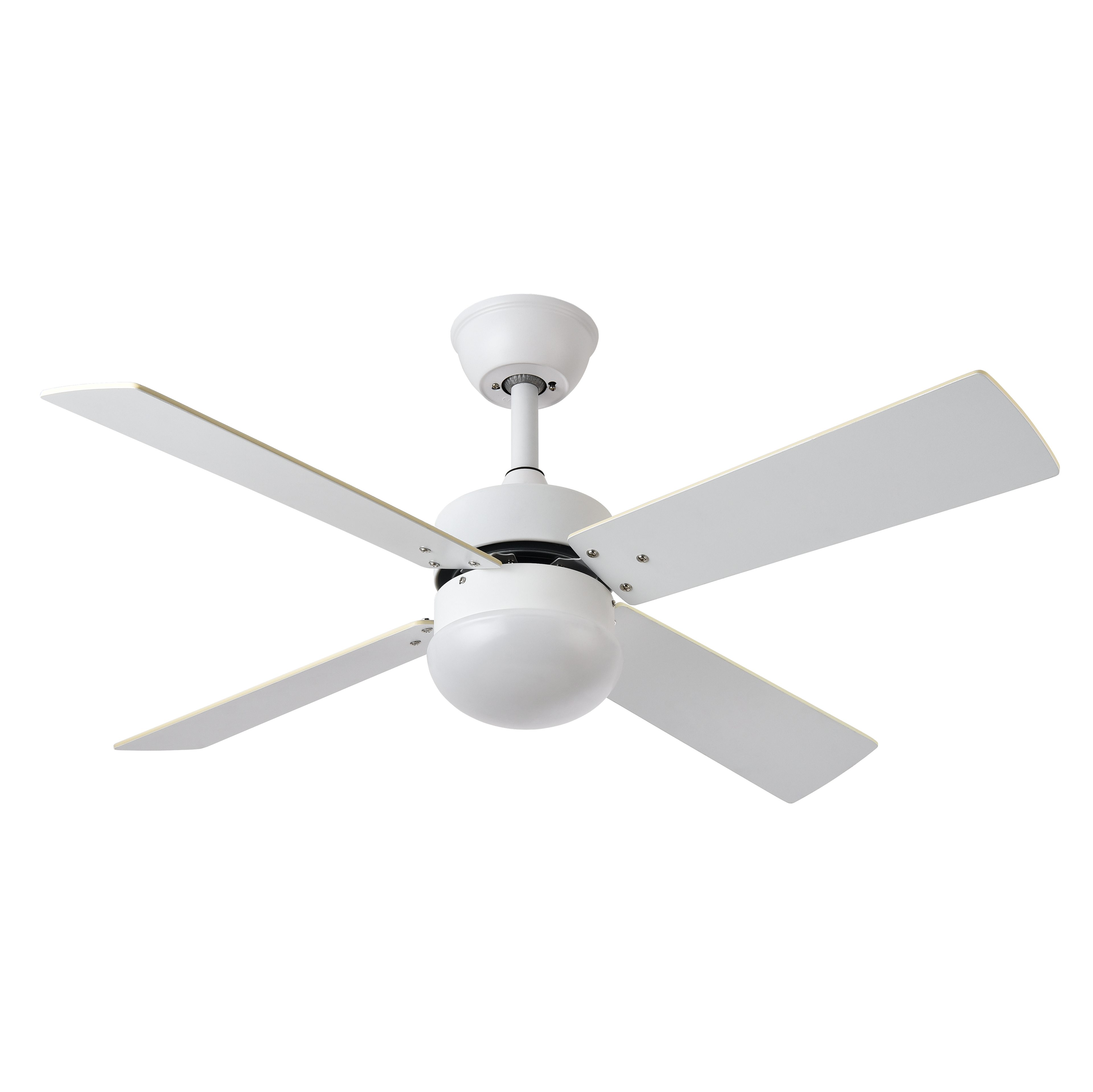 Ventilador de techo Sofia blanco con 4 aspas reversibles, modelo Abrila 175992401, ideal para ventilación de verano e invierno en interiores domésticos, motor DC eficiente, mando a distancia incluido, diseño en haya.