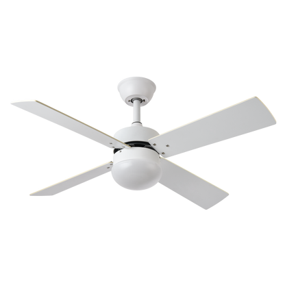 Ventilador de techo Sofia blanco con 4 aspas reversibles, modelo Abrila 175992401, ideal para ventilación de verano e invierno en interiores domésticos, motor DC eficiente, mando a distancia incluido, diseño en haya.