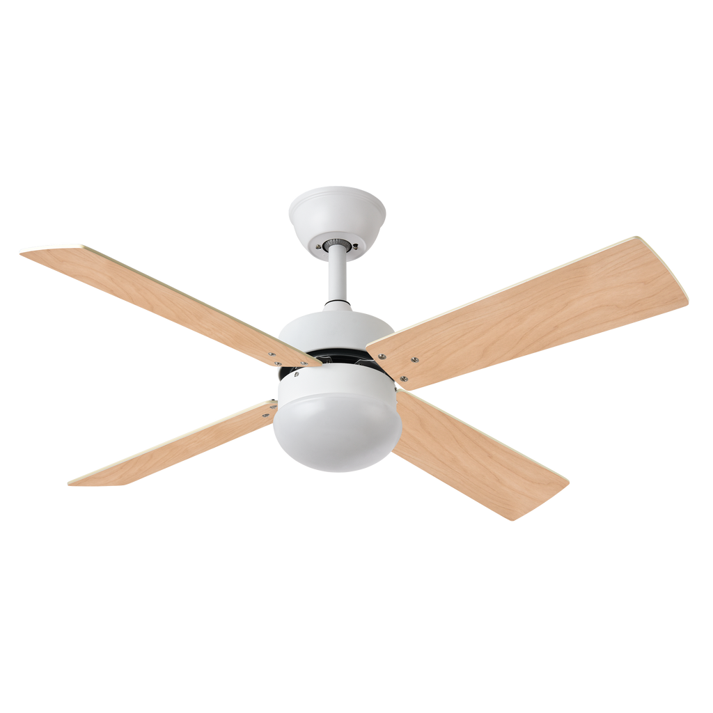 Ventilador de techo Sofia Blanco con 4 aspas reversibles, motor DC y mando a distancia, ideal para ventilación en verano e invierno en interiores domésticos, modelo Abrila 175992401 en acabado haya blanca