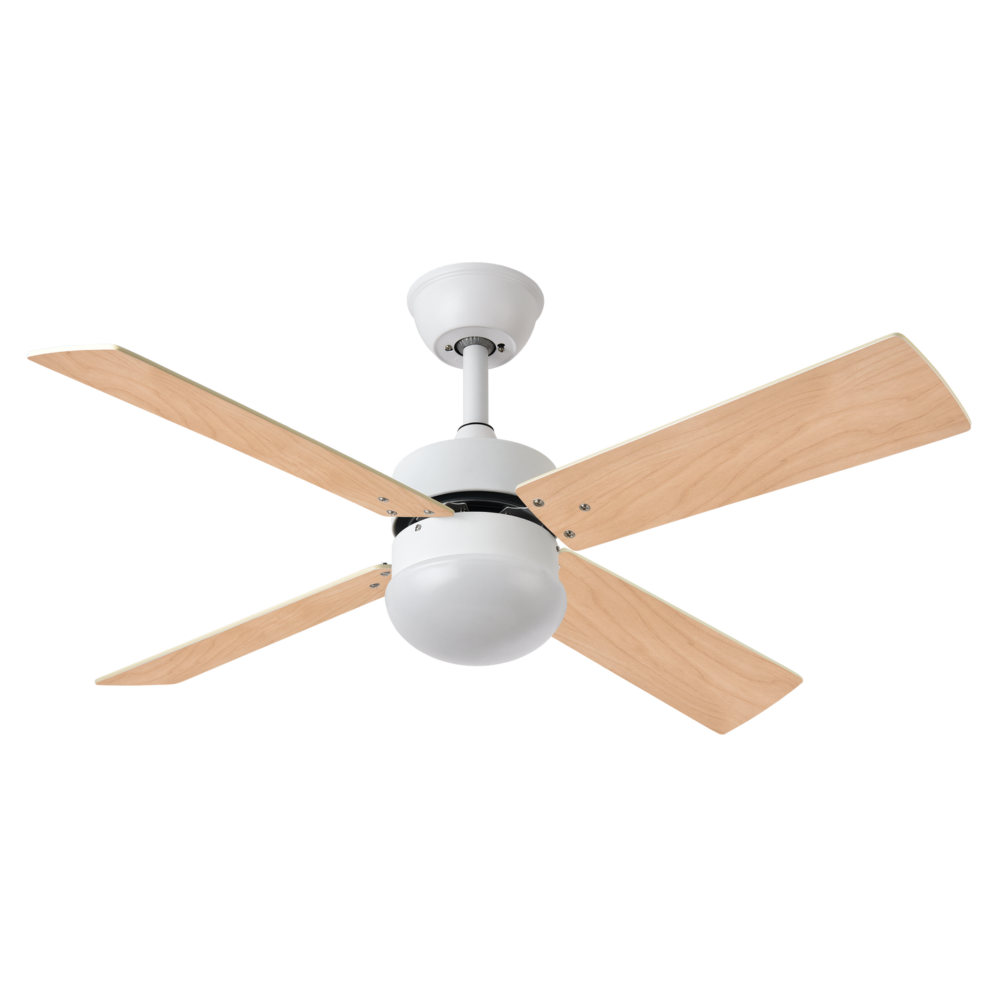 Ventilador de techo Sofia Blanco con 4 aspas reversibles, motor DC y mando a distancia, ideal para ventilación en verano e invierno en interiores domésticos, modelo Abrila 175992401 en acabado haya blanca
