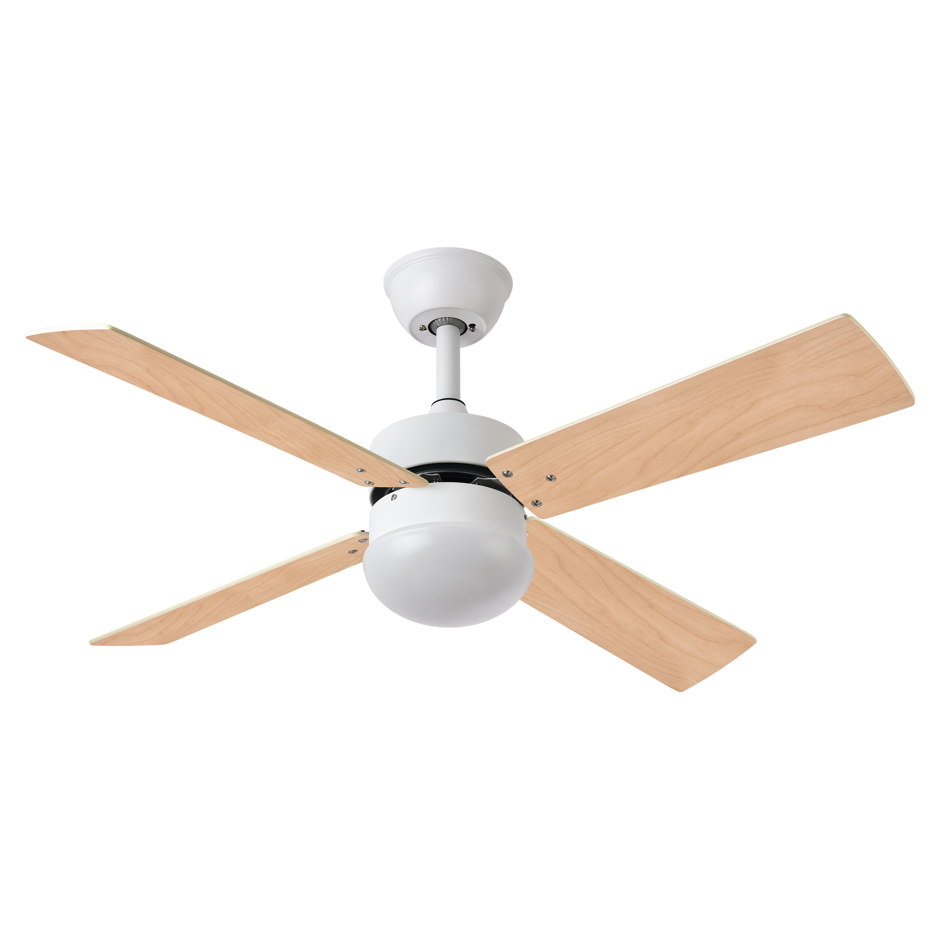 Ventilador de techo Sofia Blanco con 4 aspas reversibles, motor DC y mando a distancia, ideal para ventilación en verano e invierno en interiores domésticos, modelo Abrila 175992401 en acabado haya blanca