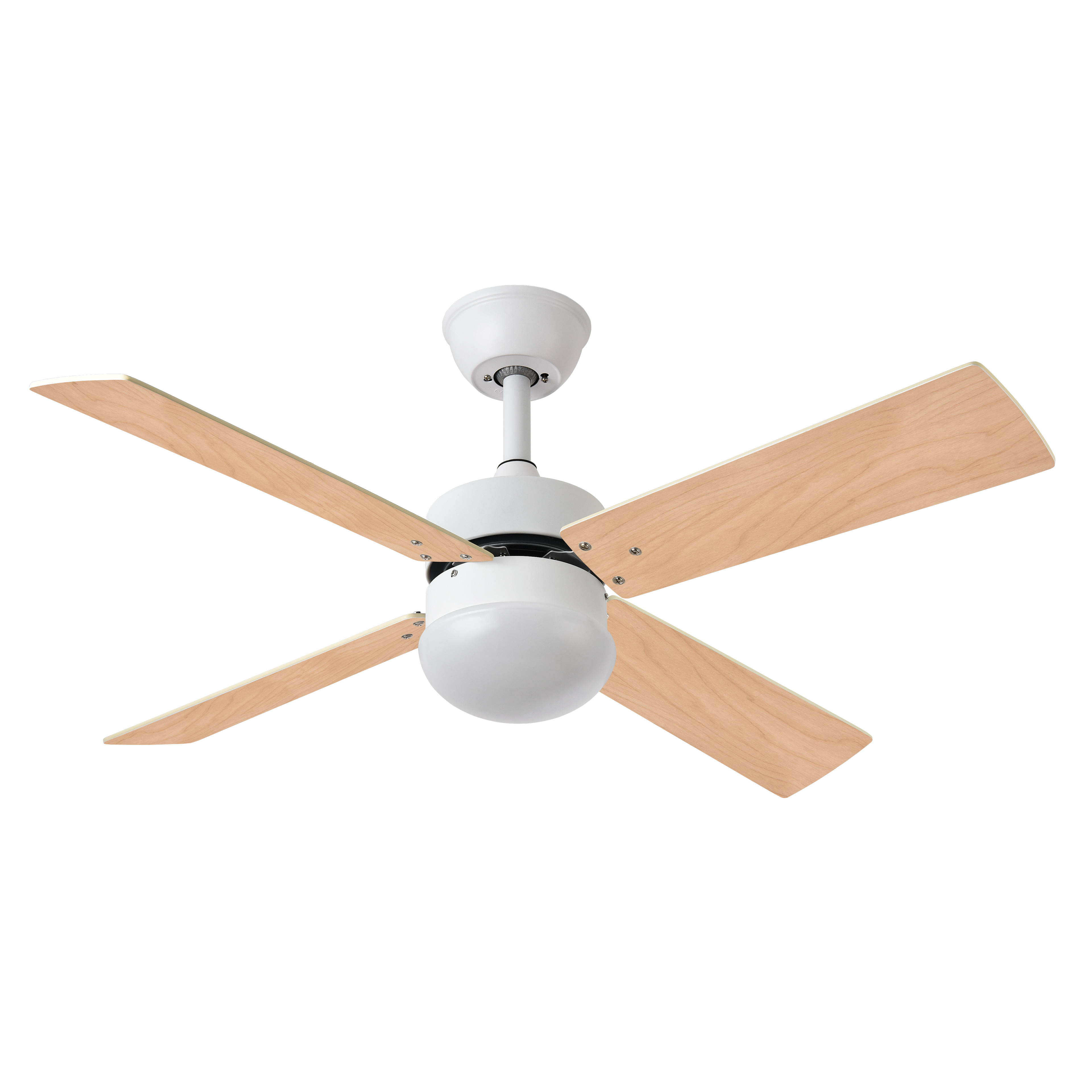 Ventilador de techo Sofia Blanco con 4 aspas reversibles, motor DC y mando a distancia, ideal para ventilación en verano e invierno en interiores domésticos, modelo Abrila 175992401 en acabado haya blanca
