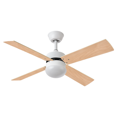 Ventilador de techo Sofia Blanco con 4 aspas reversibles, motor DC y mando a distancia, ideal para ventilación en verano e invierno en interiores domésticos, modelo Abrila 175992401 en acabado haya blanca