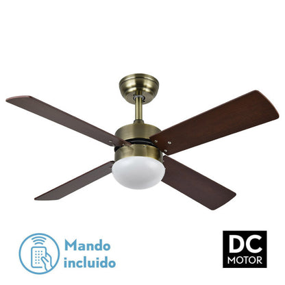 Ventilador de techo Sofia DC con acabado en cuero, aspas reversibles de cerezo y nogal, motor DC eficiente para ventilación en verano e invierno, mando a distancia incluido, modelo Abrila 175992436 para interior doméstico.