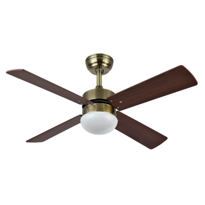Ventilador de techo Sofia DC con acabado en cuero y aspas reversibles, modelo Abrila 175992436 para ventilación de verano e invierno en interiores domésticos, motor eficiente DC, mando a distancia incluido, opciones en cerezo y nogal.
