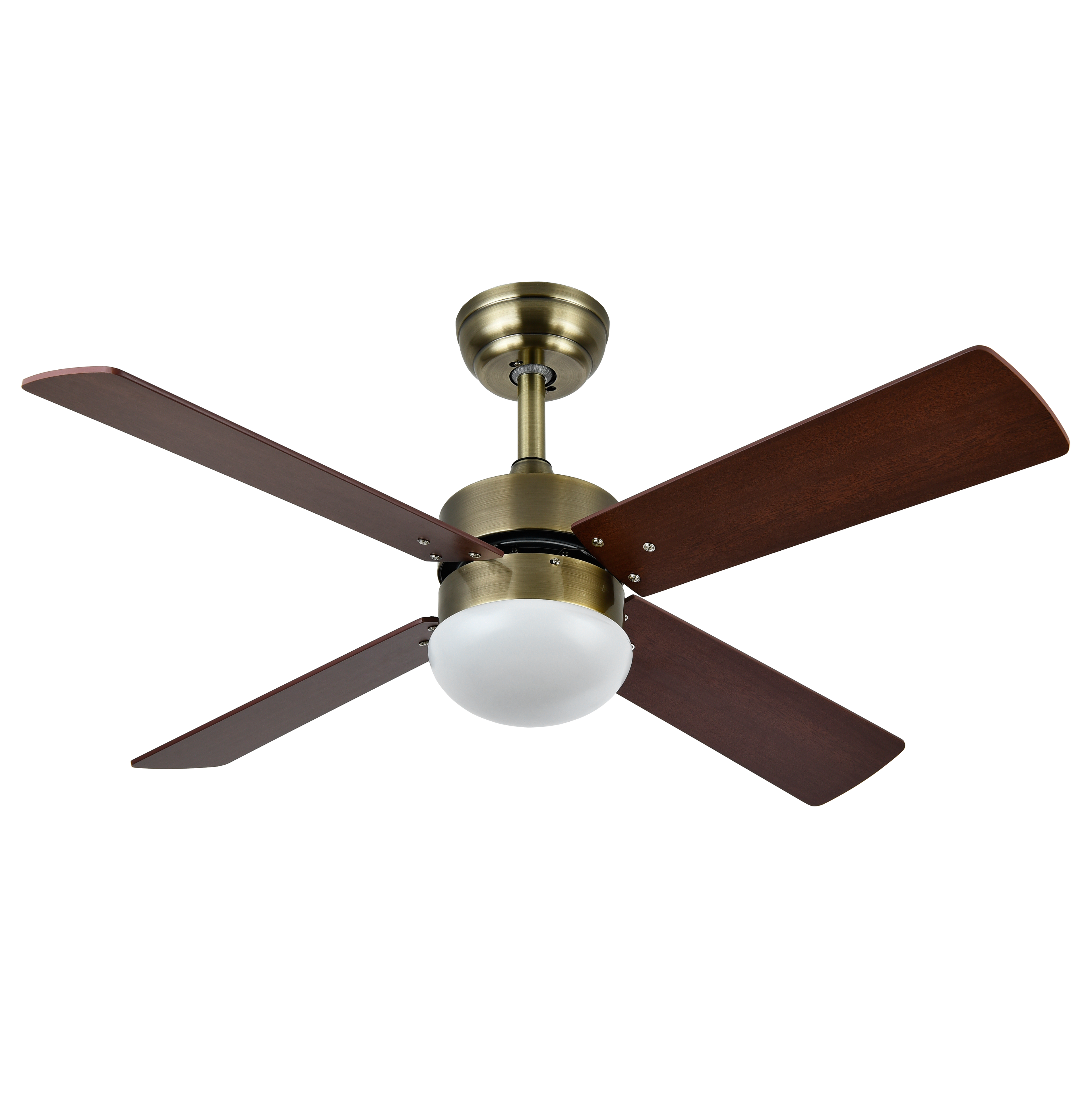 Ventilador de techo Sofia DC con acabado en cuero y aspas reversibles en cerezo y nogal, modelo Abrila 175992436 para ventilación interior doméstica en verano e invierno, incluye mando a distancia y motor eficiente DC.