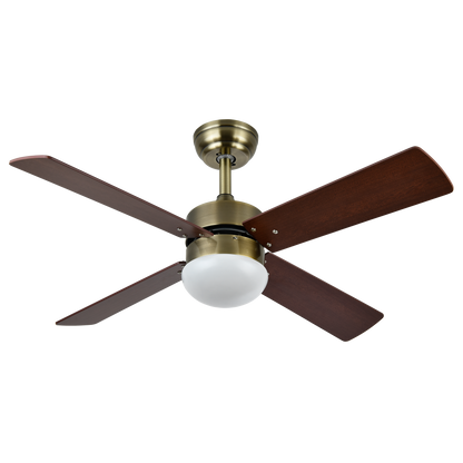 Ventilador de techo Sofia DC con acabado en cuero y aspas reversibles en cerezo y nogal, modelo Abrila 175992436 para ventilación interior doméstica en verano e invierno, incluye mando a distancia y motor eficiente DC.