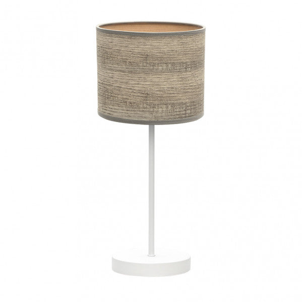 Lámpara de sobremesa Jerte de Abrila en blanco y madera gris, diseño moderno con base de metal y textil, iluminación elegante para interiores domésticos, modelo 1xE14 ideal para decoración contemporánea.