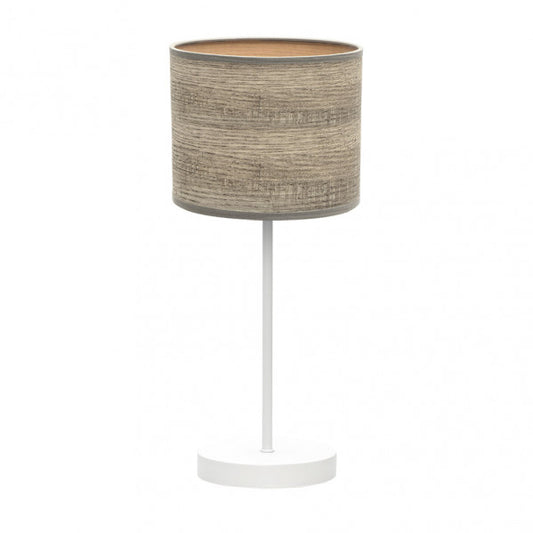 Lámpara de sobremesa Jerte de Abrila en blanco y madera gris, diseño moderno con base de metal y textil, iluminación elegante para interiores domésticos, modelo 1xE14 ideal para decoración contemporánea.