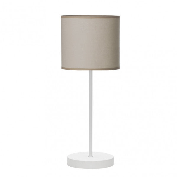 Lámpara sobremesa Ibor de Abrila en blanco y piedra, diseño infantil con luz difusa y casquillo E14, ideal para decoración interior doméstica, modelo 176971057 con metal textil.