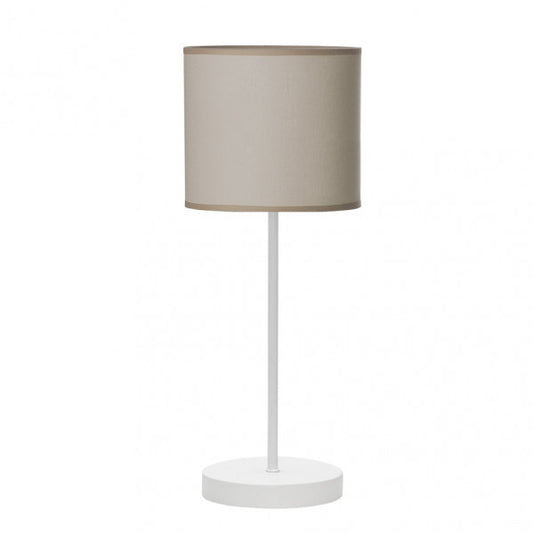 Lámpara sobremesa Ibor de Abrila en blanco y piedra, diseño infantil con luz difusa y casquillo E14, ideal para decoración interior doméstica, modelo 176971057 con metal textil.