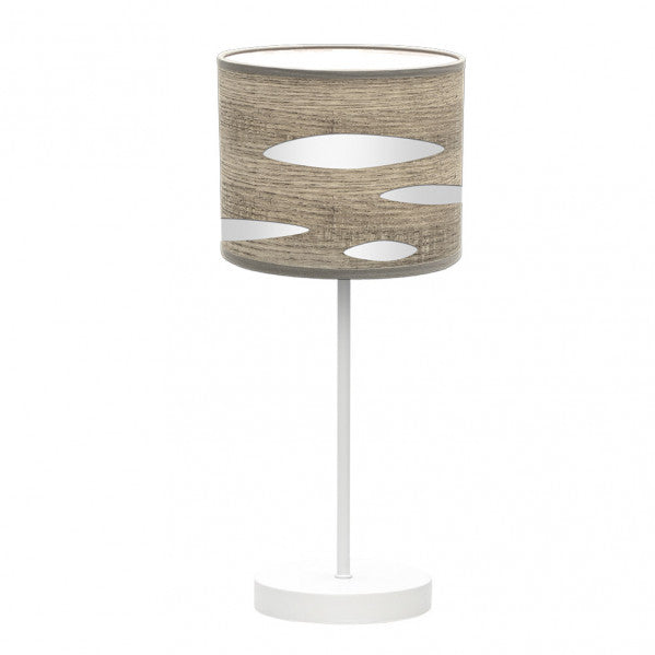 Lámpara de sobremesa Odra de Abrila en blanco y madera gris, diseño moderno con base metálica y textil, iluminación LED para interiores domésticos, modelo 1xE14, referencia 177171083.