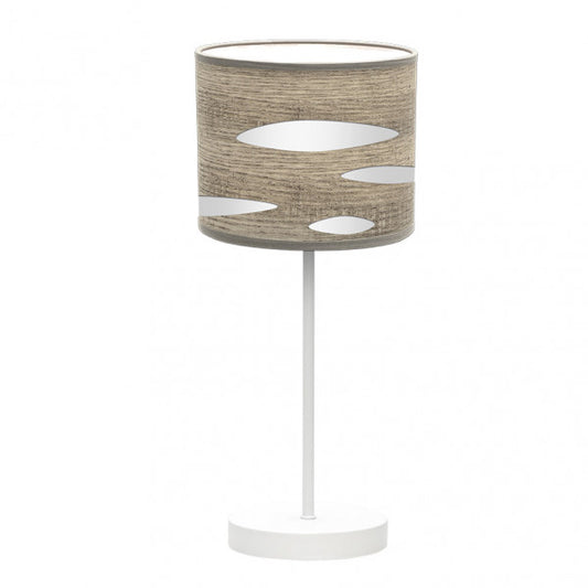 Lámpara de sobremesa Odra de Abrila en blanco y madera gris, diseño moderno con base metálica y textil, iluminación LED para interiores domésticos, modelo 1xE14, referencia 177171083.