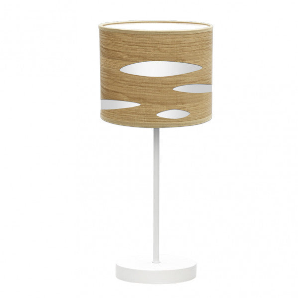 Lámpara de sobremesa Odra moderna en blanco y madera clara, diseño Abrila con base metálica y pantalla textil para luz difusa en interiores domésticos, ideal para decoración minimalista.