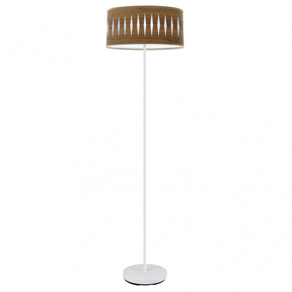 Lámpara de pie Piron 1xE27 en blanco y madera oscura, diseño elegante de Abrila para iluminación doméstica en interiores modernos, con base de metal y pie para salón, ideal para decoración textil contemporánea (código 177241084).