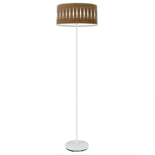 Lámpara de pie Piron 1xE27 en blanco y madera oscura, diseño elegante de Abrila para iluminación doméstica en interiores modernos, con base de metal y pie para salón, ideal para decoración textil contemporánea (código 177241084).