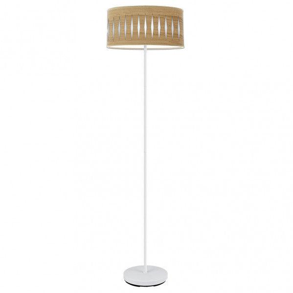 Pie de salón Piron 1xE27 de Abrila en blanco y madera clara, lámpara moderna de metal y textil para iluminación difusa en salón o dormitorio interior, diseño decorativo minimalista 177241085