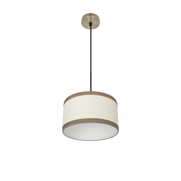 Colgante Soprano de Abrila en color beige con material textil de cuero, diseño clásico y vintage para decoración interior doméstica, casquillo E27, diámetro 30 cm, modelo 177393015 en metal y estilo AI2.