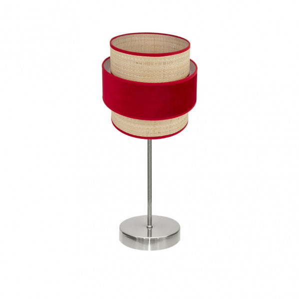 Lámpara de sobremesa Reyes en níquel natural con detalles rojos, diseño moderno de Abrila (modelo 177471007), iluminación difusa para decoración interior doméstica con estructura de metal y textil.