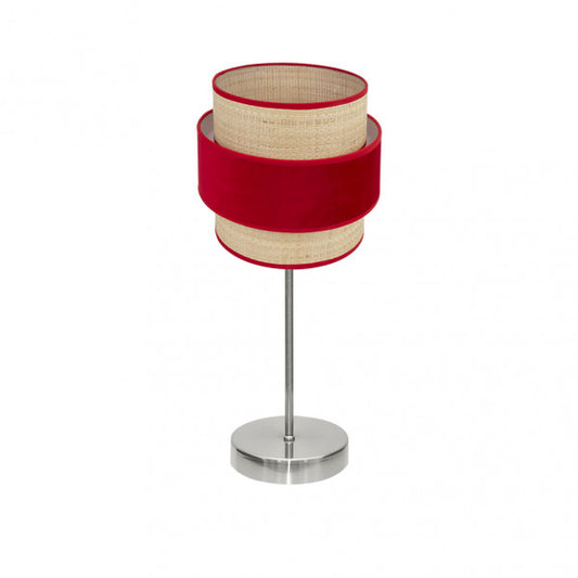 Lámpara de sobremesa Reyes en níquel natural con detalles rojos, diseño moderno de Abrila (modelo 177471007), iluminación difusa para decoración interior doméstica con estructura de metal y textil.