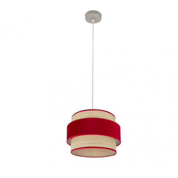 Colgante Reyes de Abrila en níquel natural y rojo, 30 cm de diámetro con casquillo E27 para luz difusa interior, diseño doméstico de metal y textil para decoración moderna.